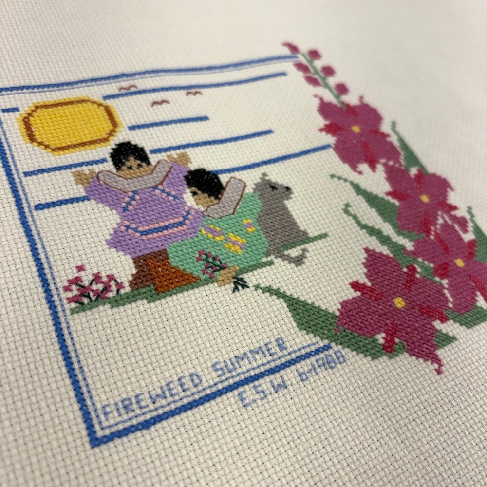 Vintage 1988 Completed Cross Stitch Fireweed Summer‎ Native Inspired Folk Art